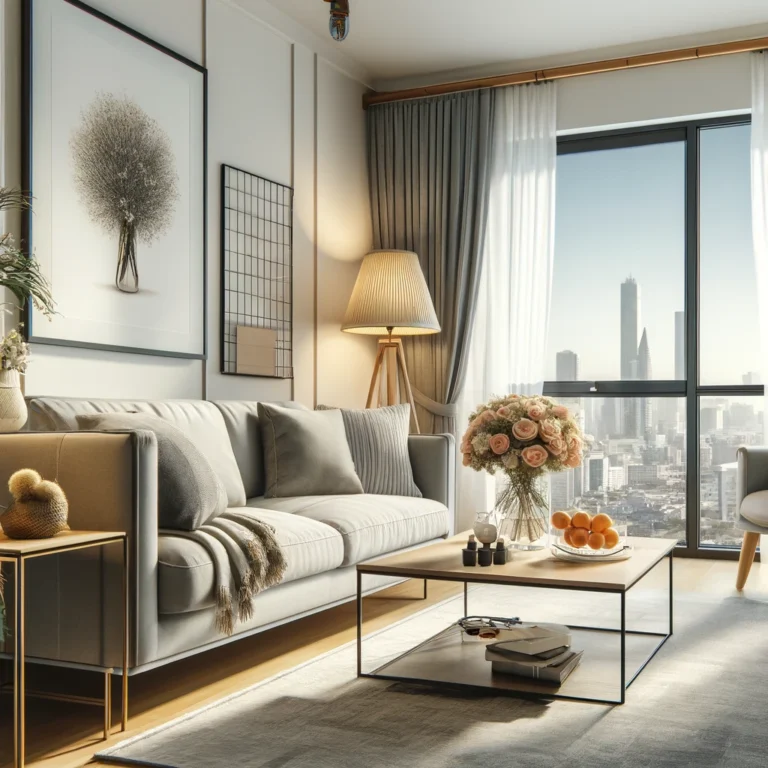 Elegant living room with a gray sofa, minimalist decor, and city views through large windows.