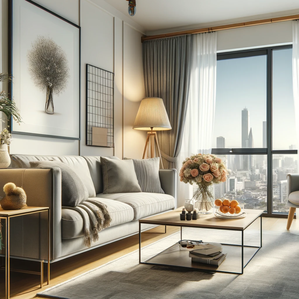 Elegant living room with a gray sofa, minimalist decor, and city views through large windows.